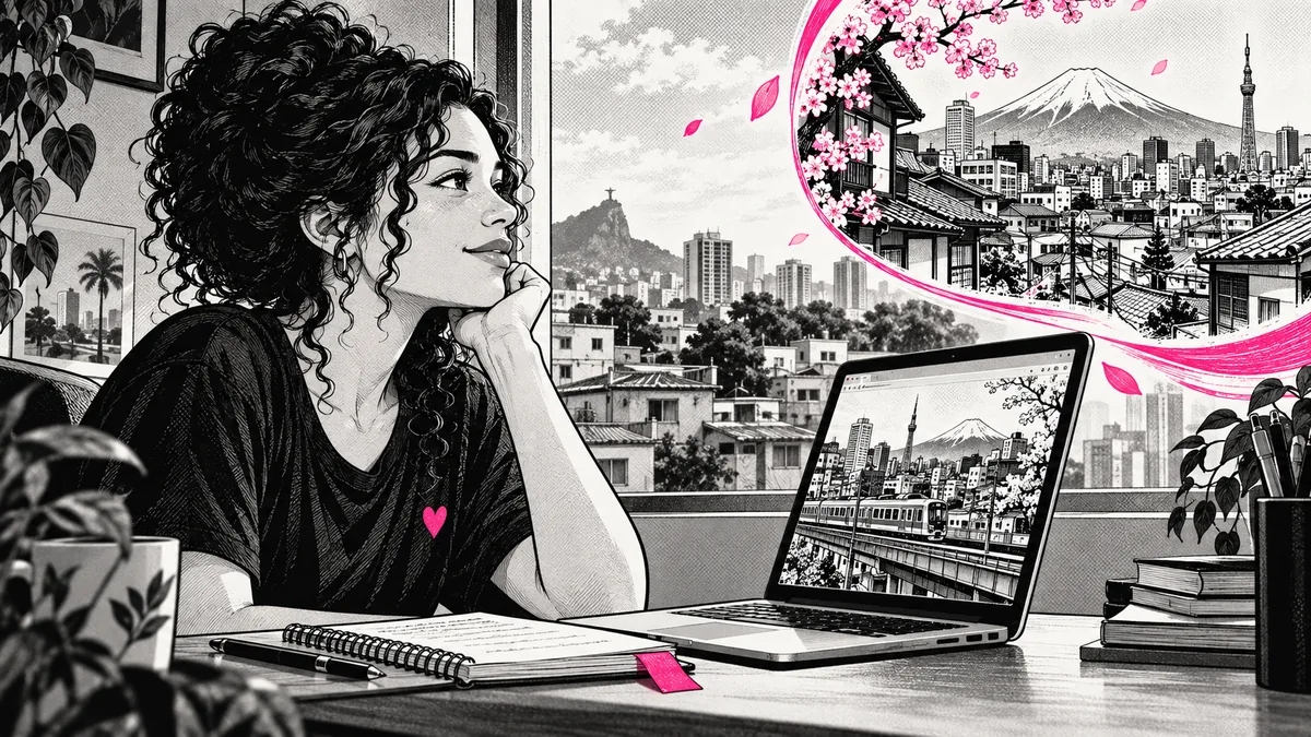 Ilustração em mangá de uma mulher no Brasil explorando possibilidades para viver no Japão