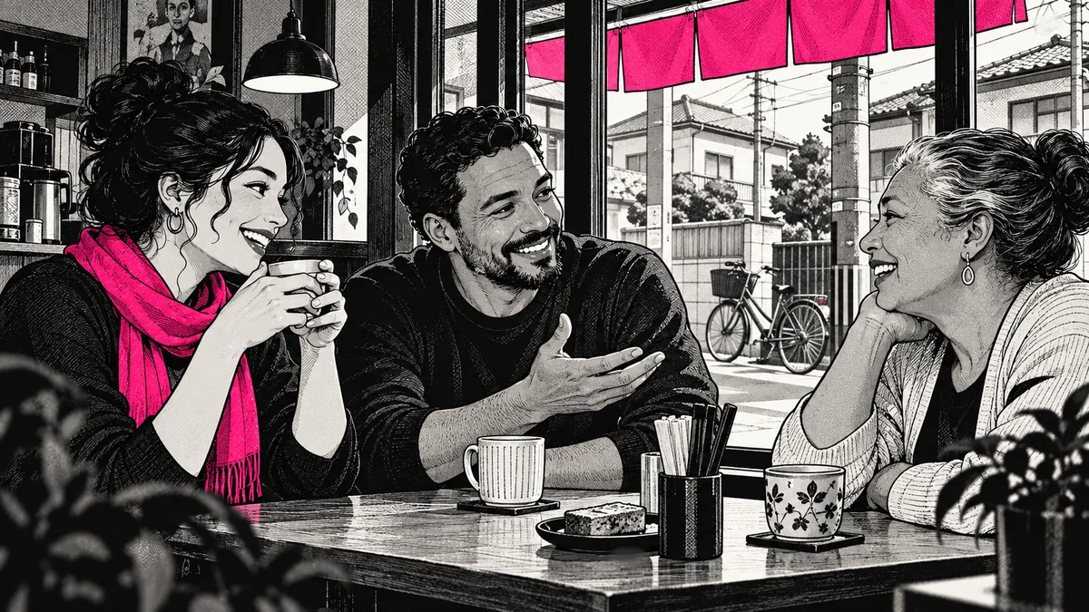 Ilustração em mangá de amigos conversando em um café no Japão